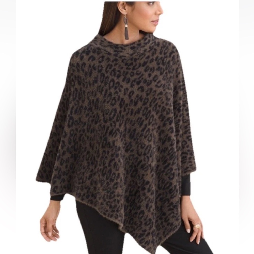 CHICO’S Women’s S/M Feather Knit Jacquard Poncho Leopard Print Soft Faux Fur